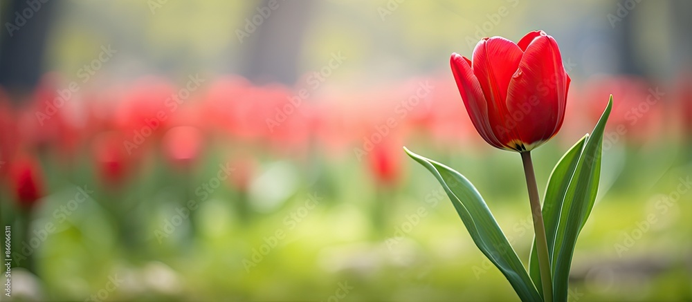 Fototapeta premium Close-up of a red tulip flower in a garden with a blurred green background, displaying selective focus and out-of-focus areas, with room for text or other elements in the image. with copy space image