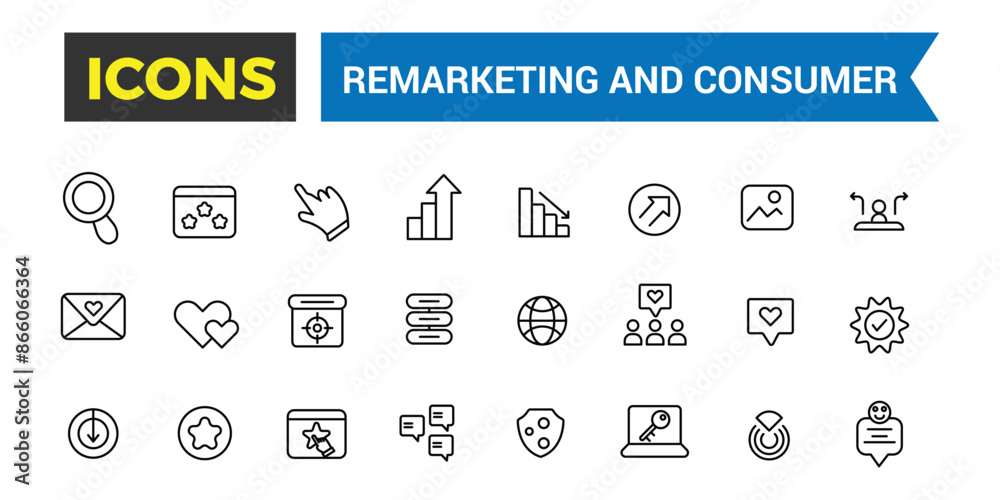 Remarketing and Consumer icons collection. Outline icons pack. Editable vector line icon set and illustration for web and UI application. Remarketing and Consumer icons collection. Outline icons pack. Editable vector line icon set and illustration for web and UI application.