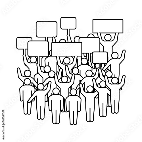 A group of people staging a protest demonstration. A large crowd with many angry, cheering, or excited people. Suitable for mass media, news, newspapers, posters. Icon illustration