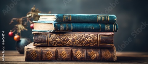 Old books stacked with copy...