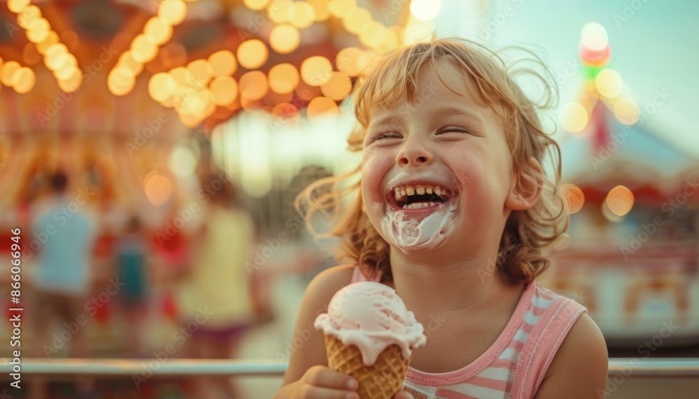 Happy girl eating ice cream in amusement park Happy girl eating ice cream in amusement park