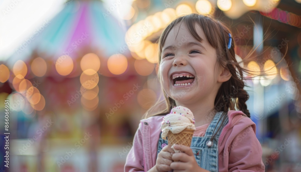 Happy girl eating ice cream in carousel amusement park Happy girl eating ice cream in carousel amusement park