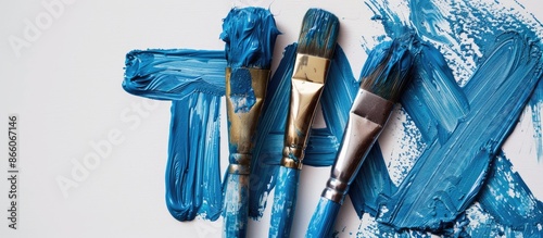 dirty blue paint brush and ...