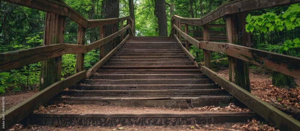 Antiquated wooden staircase in a forest setting, with ample copy space image. Antiquated wooden staircase in a forest setting, with ample copy space image.