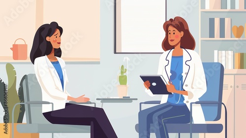 Doctor and patient at desk in hospital office. Clinic visit for exam, meeting with physician, conversation with medic about diagnosis results. cartoon design