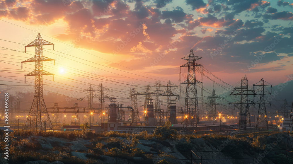 Silhouetted power lines and towers in an industrial area at sunset with a colorful sky. Silhouetted power lines and towers in an industrial area at sunset with a colorful sky.