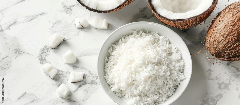 White marble background with copy space image featuring coconut halves and freshly grated flakes in a white bowl. Angle view included. White marble background with copy space image featuring coconut halves and freshly grated flakes in a white bowl. Angle view included.