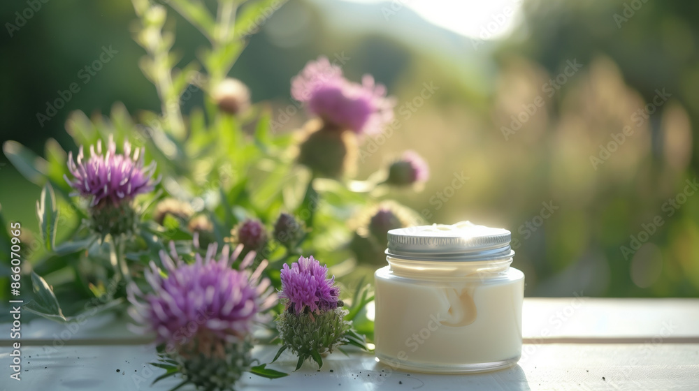 Milk Thistle Extract in Soothing Cream Jar with Flowers in Lush Garden Milk Thistle Extract in Soothing Cream Jar with Flowers in Lush Garden