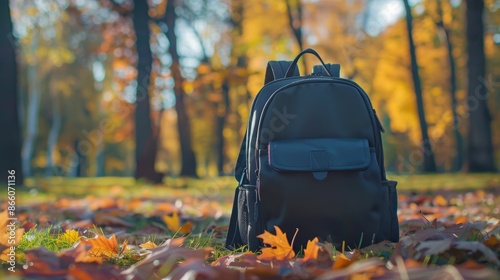School backpack with autumn maple leaves signifies the start of a new academic year in the park