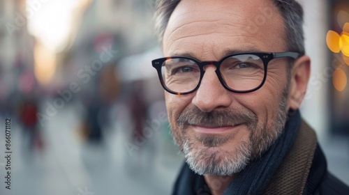 Smiling Man in Glasses on a City Street