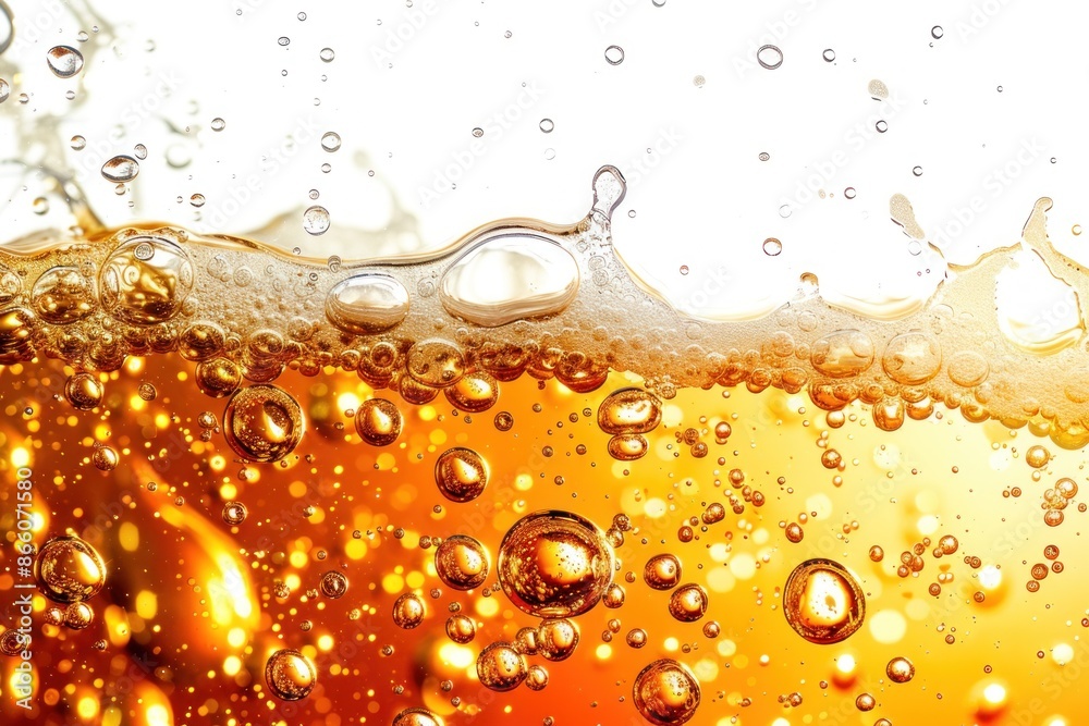 Close-up of beer's top layer, with bubbles and foam on the surface. Juicy amber shades suggest a positive perception of the intoxicating drink Close-up of beer's top layer, with bubbles and foam on the surface. Juicy amber shades suggest a positive perception of the intoxicating drink