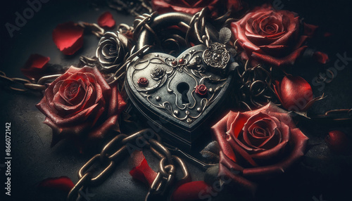 Gothic romance Close-up of a heart-shaped lock with chains and roses symbolizing love and passion, set against a dark and moody background
