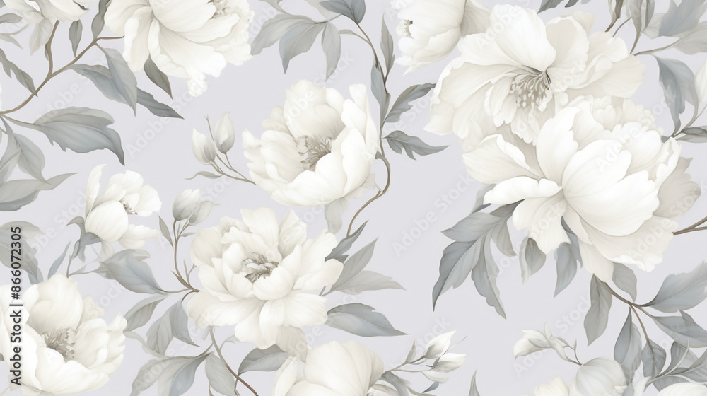Fototapeta premium Design an elegant pattern featuring delicate white peonies on a light grey background, simple line art, floral patterns, seamless patterns, large flowers