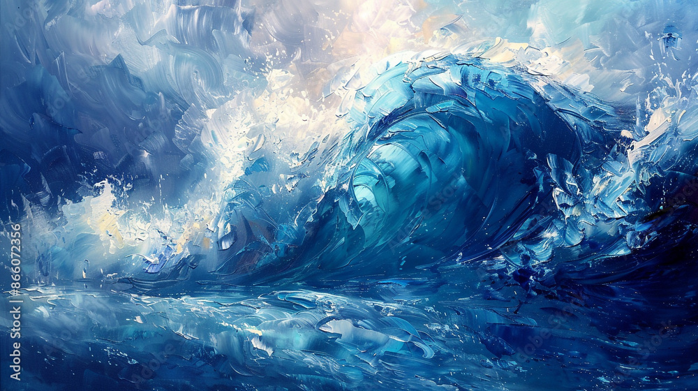 Obraz premium Abstract seascapes with layers of azure blues and foamy whites, capturing the dynamic movement of waves and sea spray in oil paint.