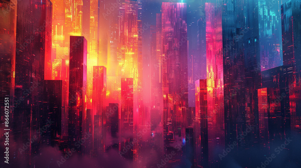 Fototapeta premium An abstract depiction of a cityscape at night with glowing, multicolored geometric shapes.