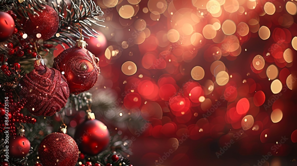 A decorated Christmas tree with red ornaments and bokeh lights in the background, capturing the essence of festive cheer and joyous celebrations during the holiday season.