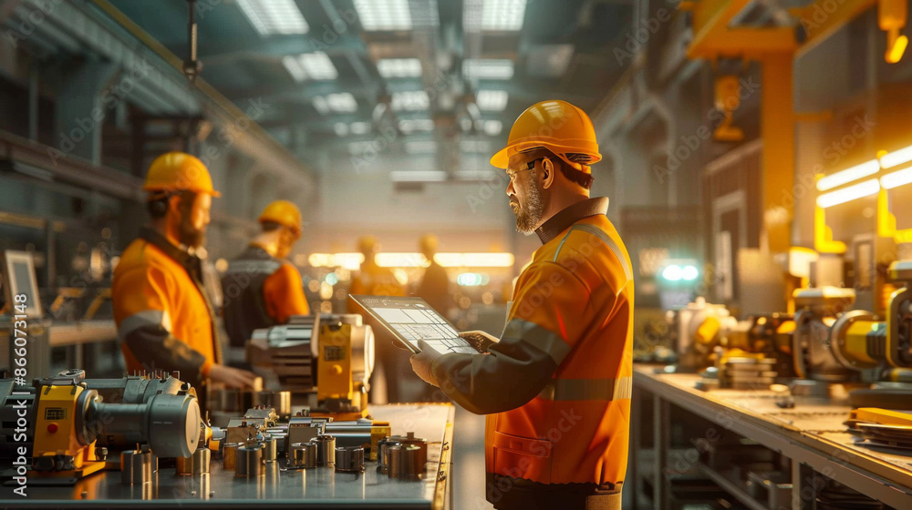 Male factory worker using a digital tablet in an industrial workshop, surrounded by machinery and colleagues in orange safety gear. Male factory worker using a digital tablet in an industrial workshop, surrounded by machinery and colleagues in orange safety gear.