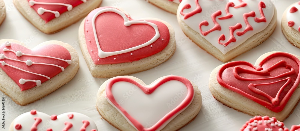 Heart-shaped and X and O designs decorate the Valentine's Day cookies, perfect for a copy space image. Heart-shaped and X and O designs decorate the Valentine's Day cookies, perfect for a copy space image.