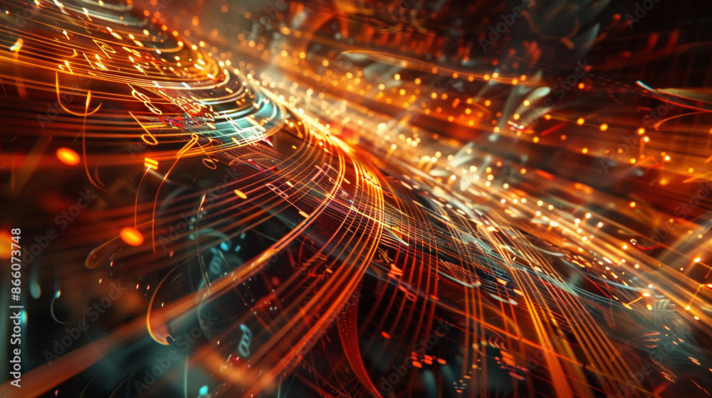 Obraz premium An abstract portrayal of musical notes and instruments in a dynamic, rhythmic composition.