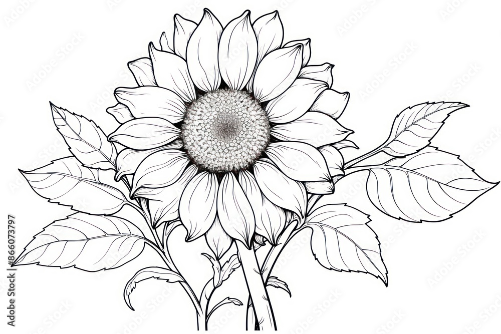 Fototapeta premium Sunflower outline sketch drawing plant white.
