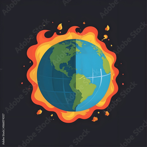 Burning Planet: A fiery Earth illustration symbolizing climate change and global warming, with a stylized globe engulfed in flames against a dark background. 