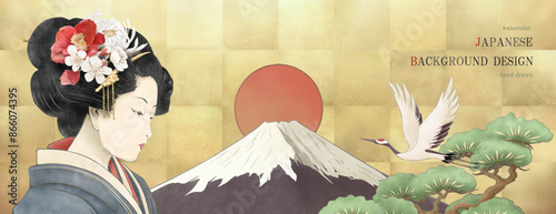 浮世絵, 和, 和風, 年賀状, ベクター, 背景, 富士山, 鶴, 花, 椿, 桜, 松, 水彩, フレーム, 結婚式, 大正ロマン, イラスト