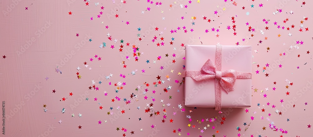 Flat lay image with a pink gift box adorned with a bow, rainbow holographic star confetti, displayed on a soft pink backdrop for Christmas, weddings, birthdays, or Valentine's, with space for text or Flat lay image with a pink gift box adorned with a bow, rainbow holographic star confetti, displayed on a soft pink backdrop for Christmas, weddings, birthdays, or Valentine's, with space for text or