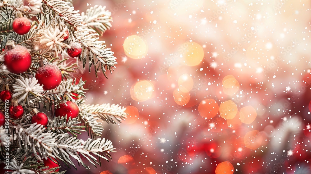 A beautiful image of a frosted Christmas tree adorned with red ornaments, snowflakes, and twinkling lights, capturing the festive spirit of the holiday season. A beautiful image of a frosted Christmas tree adorned with red ornaments, snowflakes, and twinkling lights, capturing the festive spirit of the holiday season.
