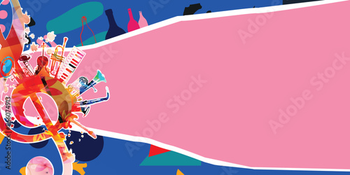 Colorful clef with musical instruments background. Listen and download music concept. Colorful party poster with music instruments