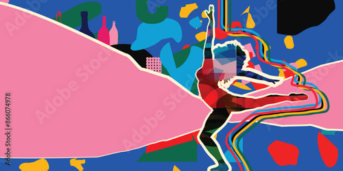 Dancing young woman with colorful background. Dancing studio poster
