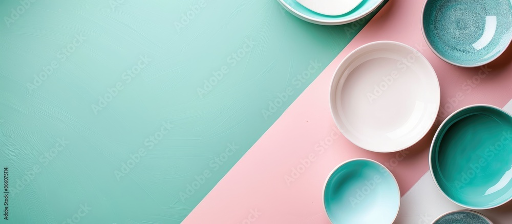 Modern white and blue ceramic tableware arranged on a pink and green background in a top-down view with ample space for text or imagery. Modern white and blue ceramic tableware arranged on a pink and green background in a top-down view with ample space for text or imagery.
