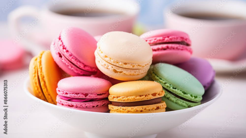Vibrant macarons on a white plate perfect for Easter celebrations. Vibrant macarons on a white plate perfect for Easter celebrations.