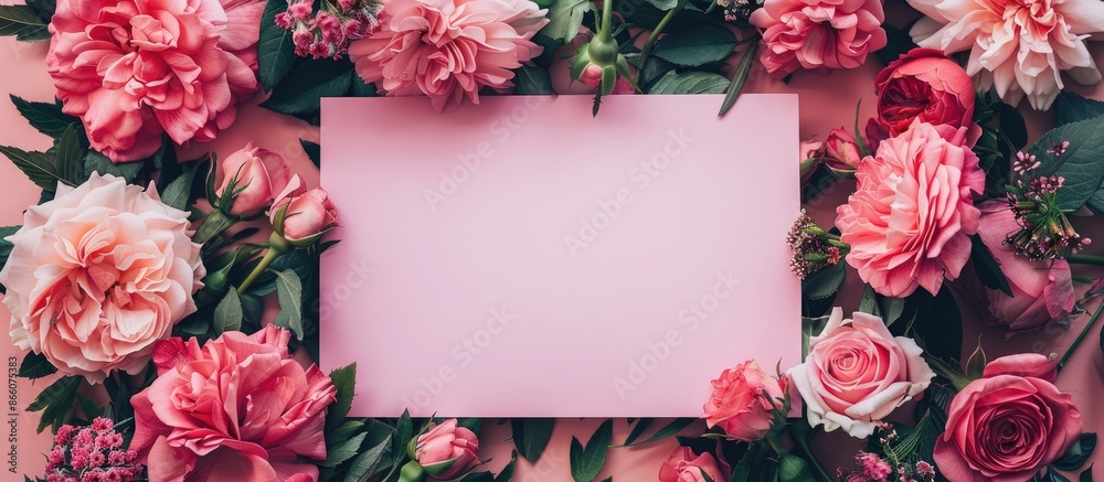 Obraz premium Directly above, a mix of rose and carnation blooms are displayed along with a pink sheet of paper for messages, offering a pleasing copy space image.