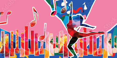 Dancing young woman with colorful background. Dancing studio poster