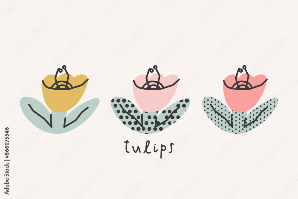 Floral illustration with tulips. Vector print, design, postcard