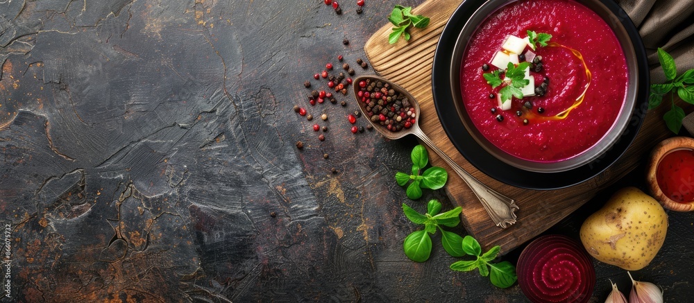 Rustic top-view copy space image of a healthy first course, beetroot cream soup with beets, leeks, and potatoes arranged for a meal or snack. Rustic top-view copy space image of a healthy first course, beetroot cream soup with beets, leeks, and potatoes arranged for a meal or snack.