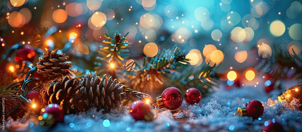 Capture the enchanting essence of the holiday season with festive Christmas decor illuminated by vibrant bokeh lights, creating a magical winter ambiance. A copy space image could showcase this scene Capture the enchanting essence of the holiday season with festive Christmas decor illuminated by vibrant bokeh lights, creating a magical winter ambiance. A copy space image could showcase this scene