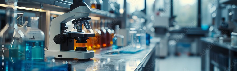 A close-up of a microscope on a workbench in a modern research laboratory, surrounded by various scientific equipment. A close-up of a microscope on a workbench in a modern research laboratory, surrounded by various scientific equipment.