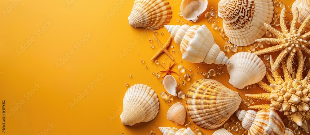 Sea shells in white and brown hues with coral design floating above a lively yellow backdrop, representing holiday travels with copy space image. Sea shells in white and brown hues with coral design floating above a lively yellow backdrop, representing holiday travels with copy space image.