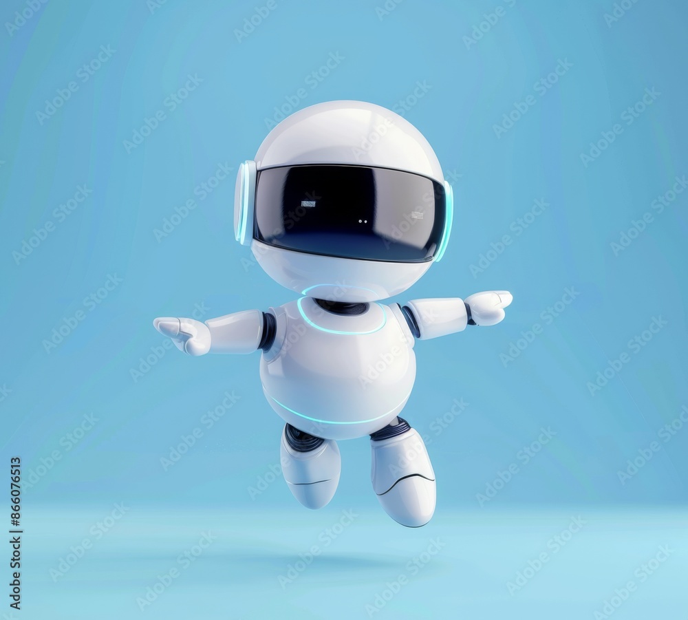 Cute white robot with blue eyes, jumping on light purple background Cute white robot with blue eyes, jumping on light purple background
