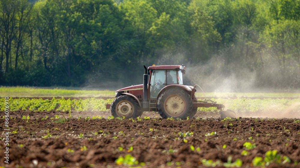 Fototapeta premium Agriculture tractor working in field Generative AI