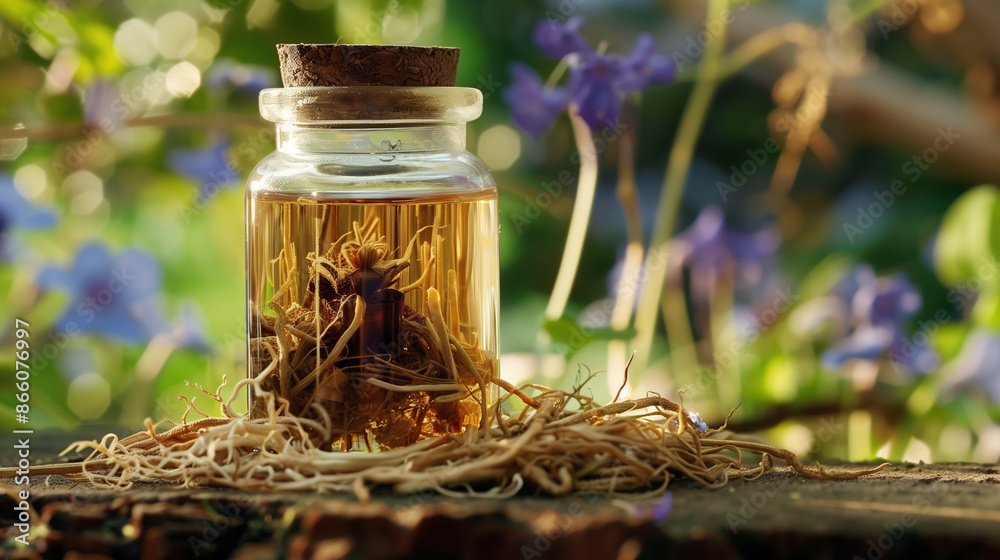 Shatavari Plant Roots and Extract in Rustic Jar Amidst Serene Garden Background