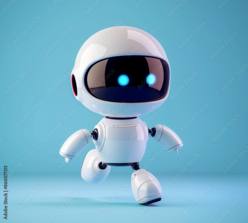Cute white robot, floating in the air, blue background Cute white robot, floating in the air, blue background