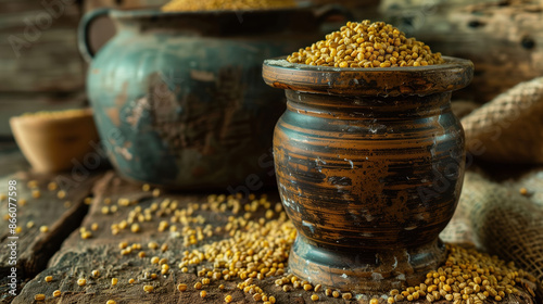 Organic Fenugreek Seeds and Extract in Rustic Kitchen Scene photo