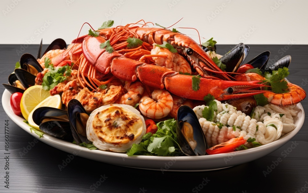 Vibrant Seafood Delight - Assorted Mussels, Clams, and Shrimp on a White Plate Against Bright Background Vibrant Seafood Delight - Assorted Mussels, Clams, and Shrimp on a White Plate Against Bright Background