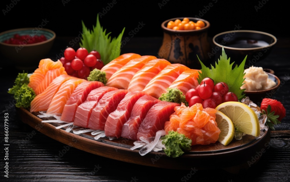Sashimi Selection - Fresh Salmon, Tuna, Yellowtail on White Background