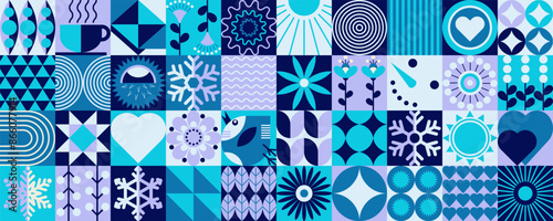 Merry Christmas and Happy New Year pattern. Winter minimal mosaic geometric elements ornamental square tiles, simple shapes forms, gift box packaging design. Vector background