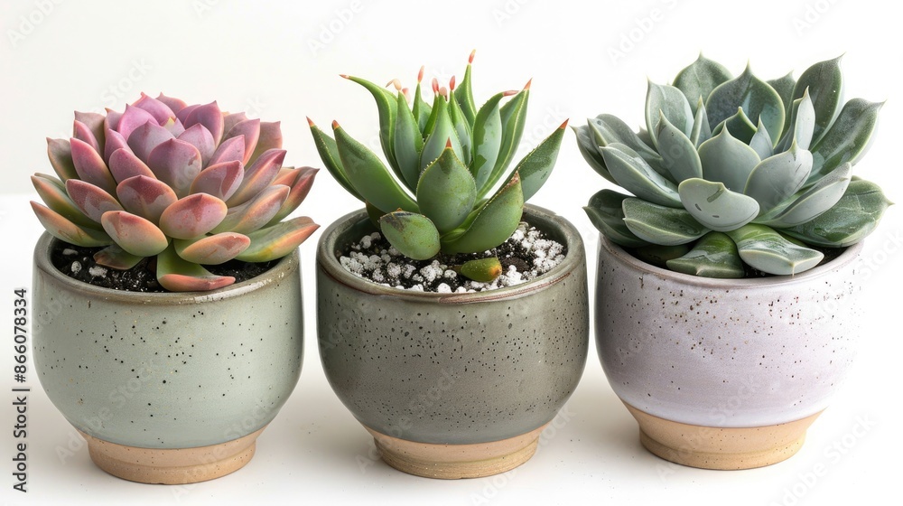 Flower pots with succulents on white background Home plant care idea Flower pots with succulents on white background Home plant care idea