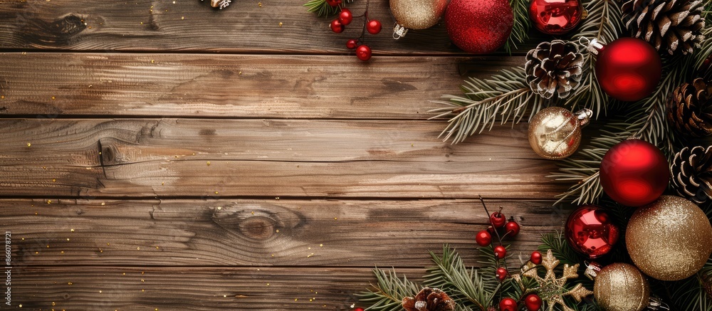 Top-down view of Christmas ornaments and decor on a festive wooden backdrop with ample space for text or other elements, commonly referred to as a copy space image.