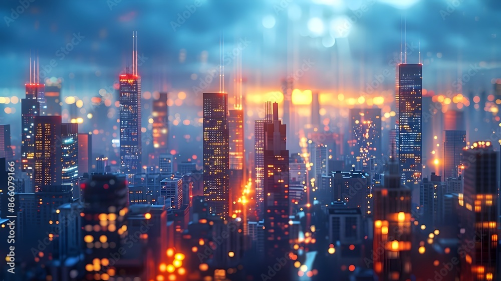 Illuminated Cityscape with Tall Skyscrapers and Glowing Skyline at Dusk Illuminated Cityscape with Tall Skyscrapers and Glowing Skyline at Dusk